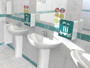 A rendering of the handwashing stations featuring the new, motivational design created by OPHARDT and a team of researchers.